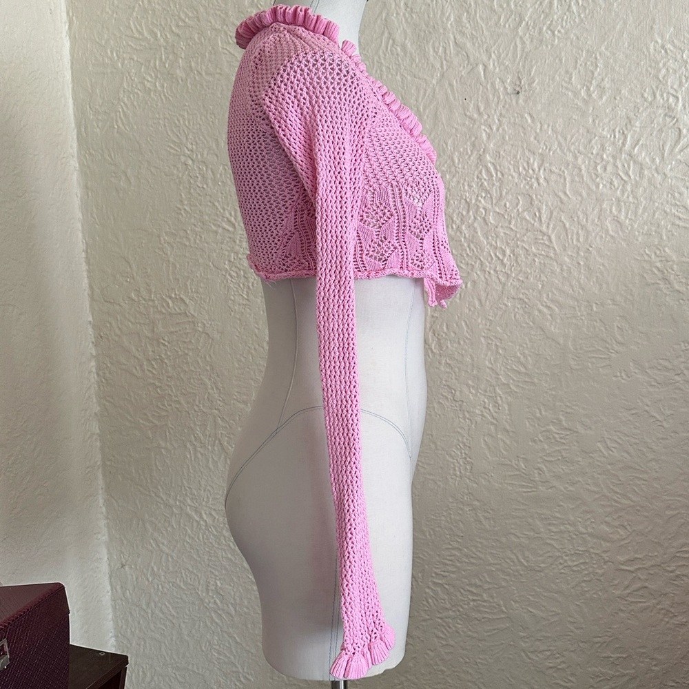Urban Outfitters Lily Open Knit Flyaway Cardigan Pink Cropped Shrug Sweater S - Picture 7 of 10